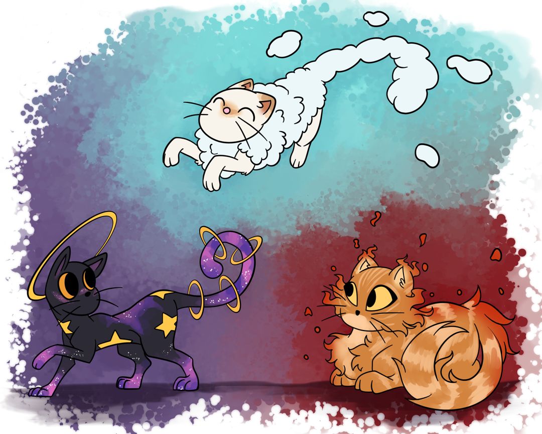 Ilustración de tres gatitos: Ignis, Kumo e Iravu.